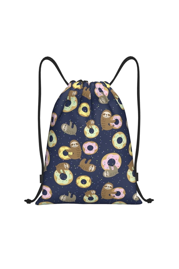 Drawstring Backpack - Donut Sloth Print Splash Proof Small Drawstring Gym Bag for Women Men, Cinch Sports String Bag Backpack for Travel Swimming Beach