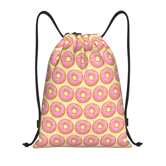 Drawstring Backpack - Donuts With Pink Glaze Splash Proof Small Drawstring Gym Bag for Women Men, Cinch Sports String Bag Backpack for Travel Swimming Beach