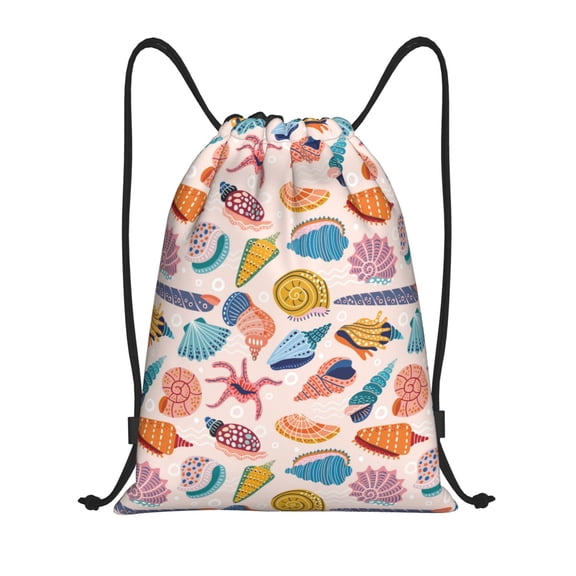 Drawstring Backpack - Doodle Seashell Splash Proof Small Drawstring Gym Bag for Women Men, Cinch Sports String Bag Backpack for Travel Swimming Beach