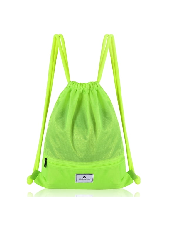 Drawstring Backpack, Durable Polyester Sports Cinch Bag with Zippered Front Pocket and Breathable Mesh Back, Foldable Large Capacity for Gym Yoga Travel Shopping, Green