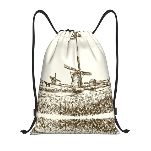 Drawstring Backpack - Dutch Windmill Splash Proof Small Drawstring Gym Bag for Women Men, Cinch Sports String Bag Backpack for Travel Swimming Beach