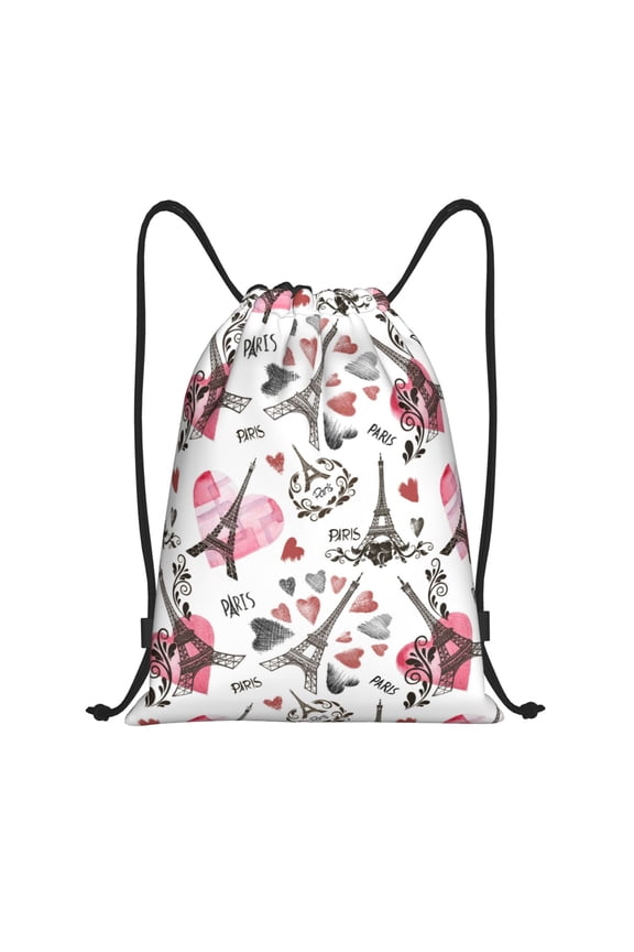Drawstring Backpack - Eiffel Tower paris heart Splash Proof Small Drawstring Gym Bag for Women Men, Cinch Sports String Bag Backpack for Travel Swimming Beach