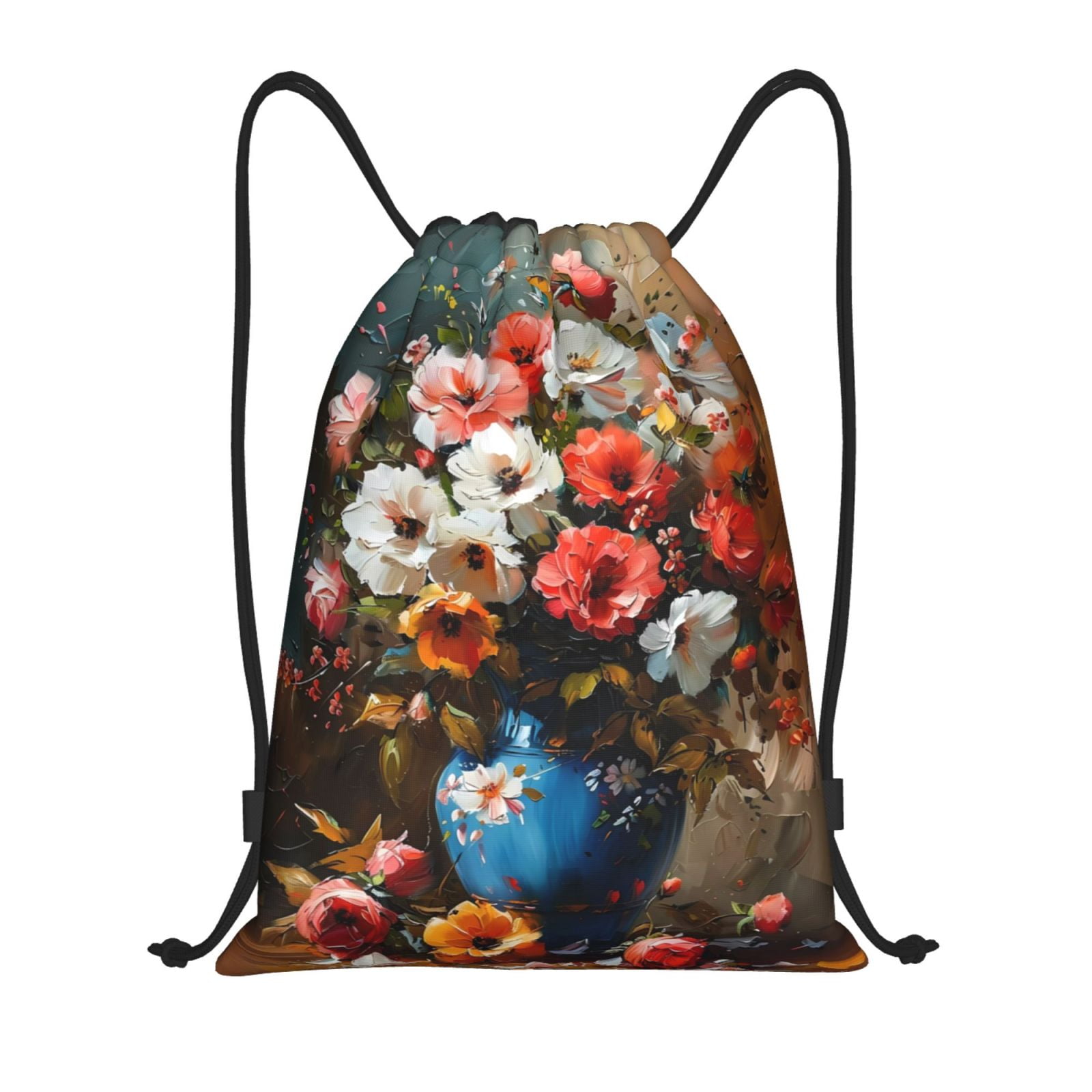 Drawstring Backpack - Elegant Floral Vase Painting Splash Proof Small ...