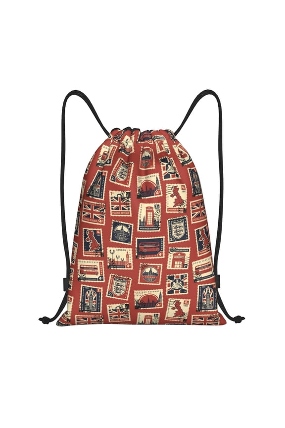 Drawstring Backpack - England Stamp Pattern Splash Proof Small Drawstring Gym Bag for Women Men, Cinch Sports String Bag Backpack for Travel Swimming Beach