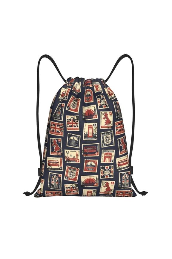 Drawstring Backpack - England Stamps Pattern Splash Proof Small Drawstring Gym Bag for Women Men, Cinch Sports String Bag Backpack for Travel Swimming Beach