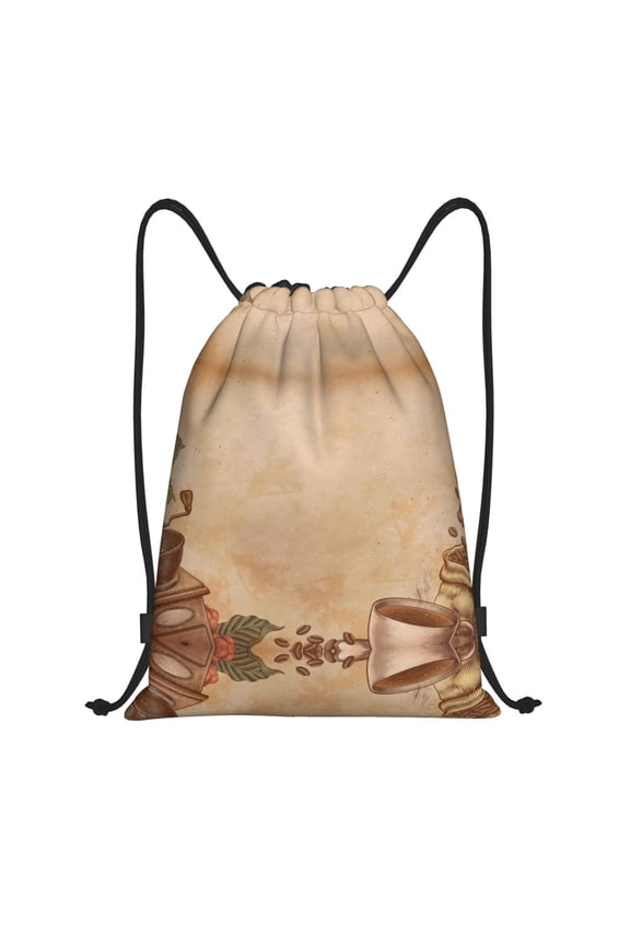 Drawstring Backpack - Engraved Coffee On Kraft Paper Splash Proof Small Drawstring Gym Bag for Women Men, Cinch Sports String Bag Backpack for Travel Swimming Beach