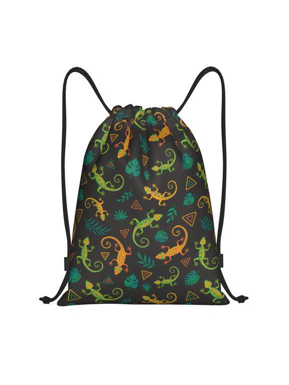 Drawstring Backpack - Exotic Funny Gecko Lizard Leaves Splash Proof Small Drawstring Gym Bag for Women Men, Cinch Sports String Bag Backpack for Travel Swimming Beach