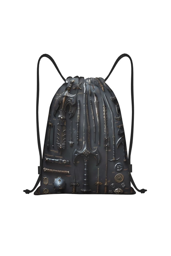 Drawstring Backpack - Fantasy Medieval Weaponry Splash Proof Small Drawstring Gym Bag for Women Men, Cinch Sports String Bag Backpack for Travel Swimming Beach