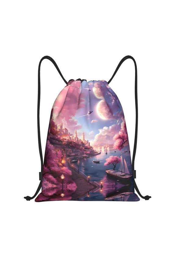 Drawstring Backpack - Fantasy Pink Seaside Town Splash Proof Small Drawstring Gym Bag for Women Men, Cinch Sports String Bag Backpack for Travel Swimming Beach