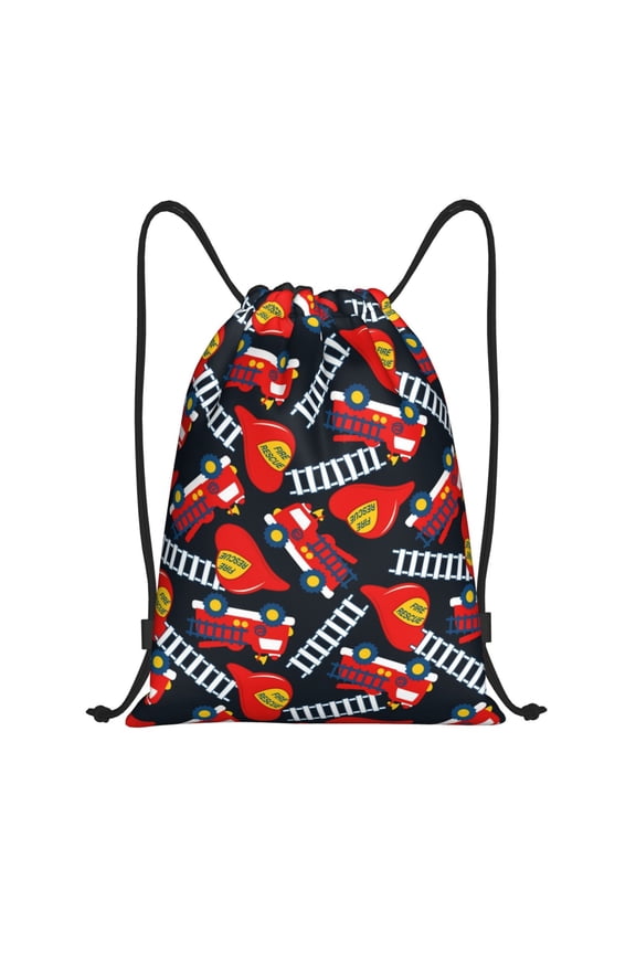 Drawstring Backpack - Fire Rescue With Red Helmet And Truck Splash Proof Small Drawstring Gym Bag for Women Men, Cinch Sports String Bag Backpack for Travel Swimming Beach