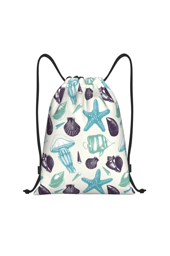 Drawstring Backpack - Fish Conch Jellyfish Splash Proof Small Drawstring Gym Bag for Women Men, Cinch Sports String Bag Backpack for Travel Swimming Beach