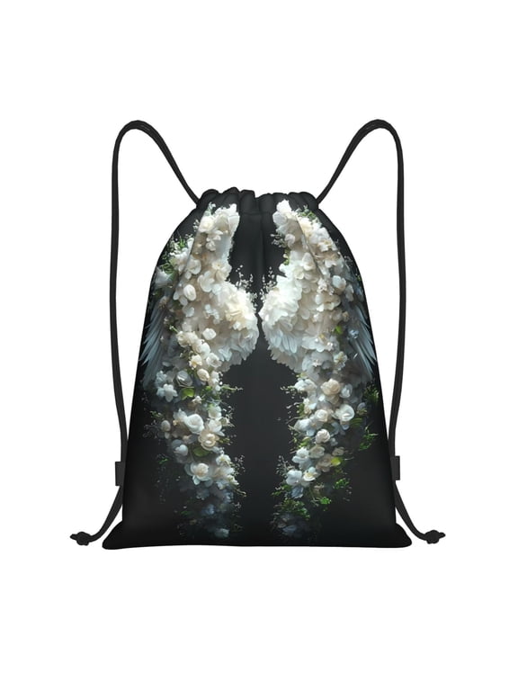 Drawstring Backpack - Floral Angelic White Wings Splash Proof Small Drawstring Gym Bag for Women Men, Cinch Sports String Bag Backpack for Travel Swimming Beach