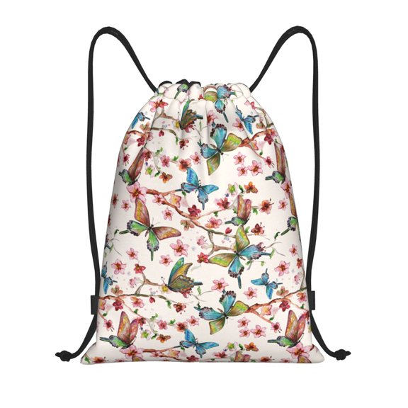 Drawstring Backpack - Floral Butterflies-E Splash Proof Small Drawstring Gym Bag for Women Men, Cinch Sports String Bag Backpack for Travel Swimming Beach