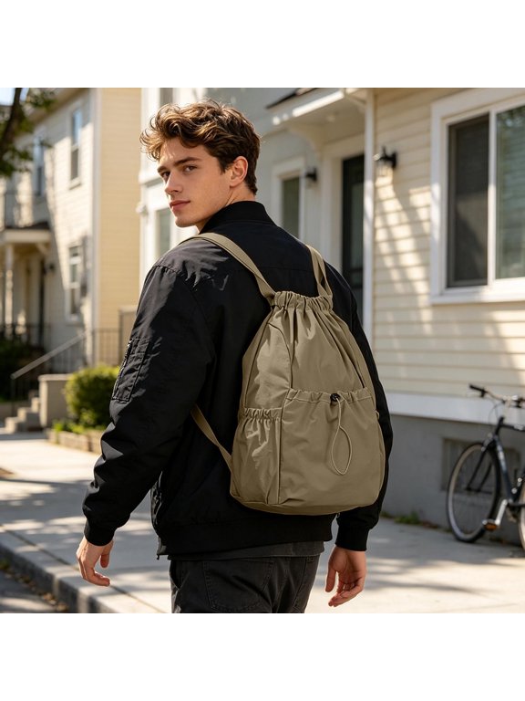 Drawstring Backpack, Foldable Woven Fabric Cinch Sack Gym Bag for Travel and S*chool Sports, Large Capacity Travel Daypack with Multi Pockets for Men Women Couples and Daily Outdoor Use