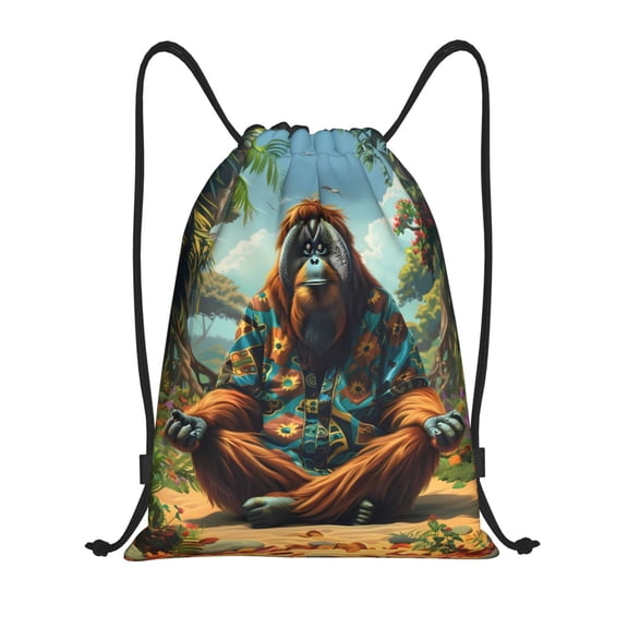 Drawstring Backpack - Forest Meditating Gorilla Splash Proof Small Drawstring Gym Bag for Women Men, Cinch Sports String Bag Backpack for Travel Swimming Beach