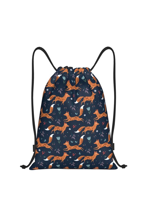 Drawstring Backpack - Fox with Flower Pattern Splash Proof Small Drawstring Gym Bag for Women Men, Cinch Sports String Bag Backpack for Travel Swimming Beach