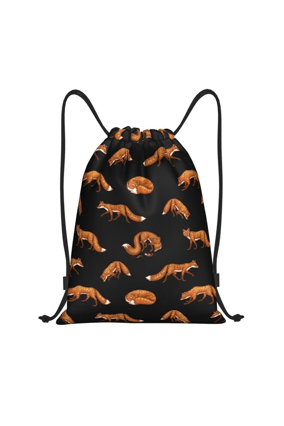 Drawstring Backpack - Fox Pattern Black Splash Proof Small Drawstring Gym Bag for Women Men, Cinch Sports String Bag Backpack for Travel Swimming Beach