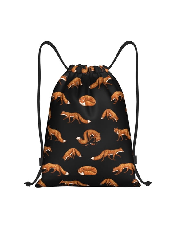 Drawstring Backpack - Fox Pattern Black Splash Proof Small Drawstring Gym Bag for Women Men, Cinch Sports String Bag Backpack for Travel Swimming Beach