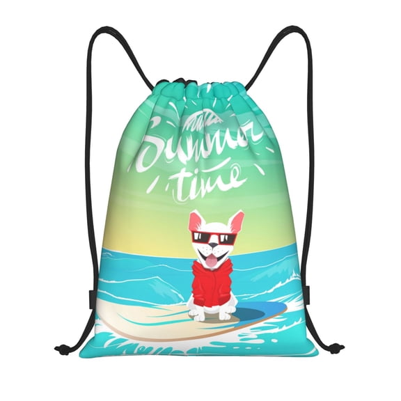 Drawstring Backpack - French bulldog surfing Splash Proof Small Drawstring Gym Bag for Women Men, Cinch Sports String Bag Backpack for Travel Swimming Beach