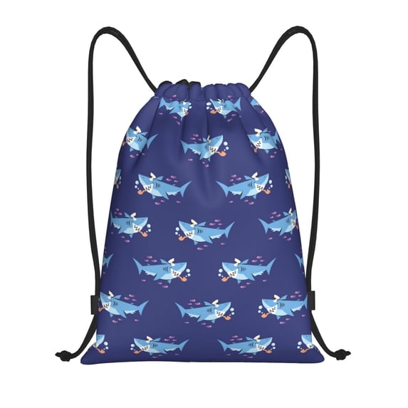 Drawstring Backpack - Funny Cartoon Cute Shark Blue Splash Proof Small Drawstring Gym Bag for Women Men, Cinch Sports String Bag Backpack for Travel Swimming Beach