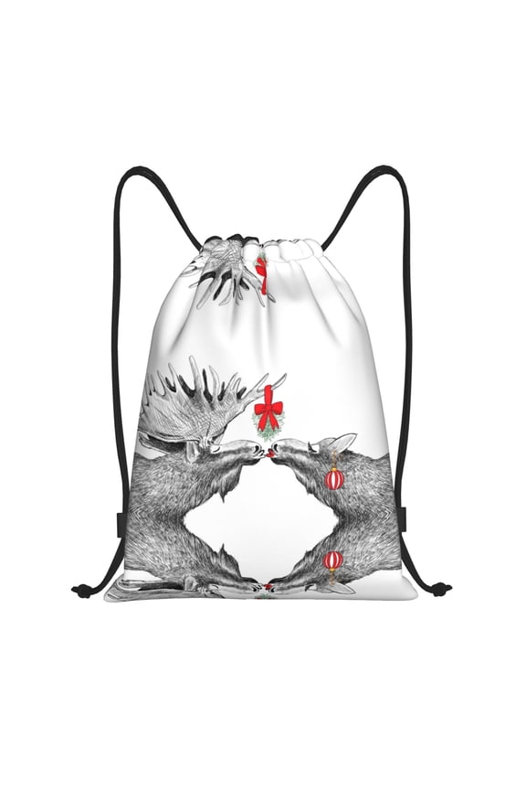 Drawstring Backpack - Funny Christmas Moose Splash Proof Small Drawstring Gym Bag for Women Men, Cinch Sports String Bag Backpack for Travel Swimming Beach
