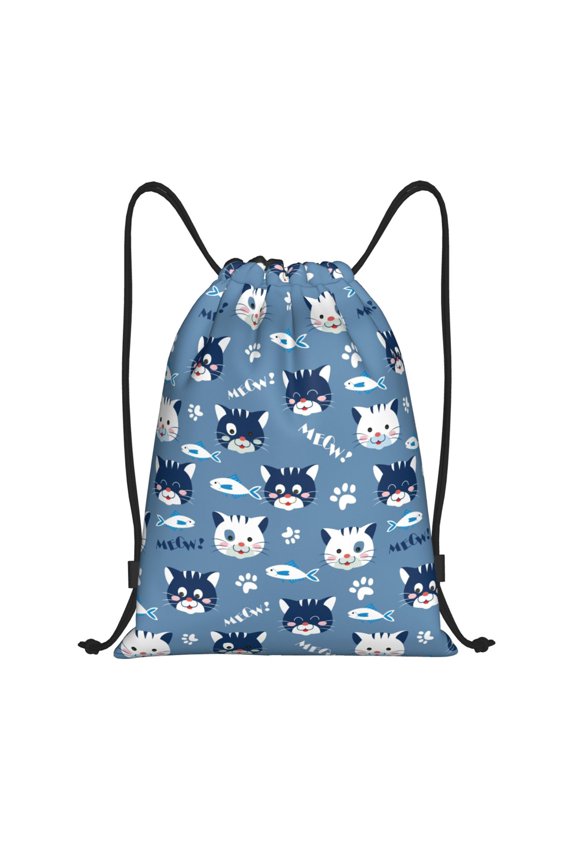 Drawstring Backpack - Funny Cute Cat Face Fish Splash Proof Small Drawstring Gym Bag for Women Men, Cinch Sports String Bag Backpack for Travel Swimming Beach