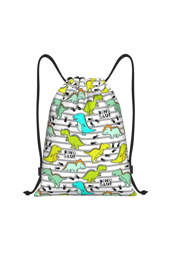 Drawstring Backpack - Funny Dinosaurs on Stripes Splash Proof Small Drawstring Gym Bag for Women Men, Cinch Sports String Bag Backpack for Travel Swimming Beach