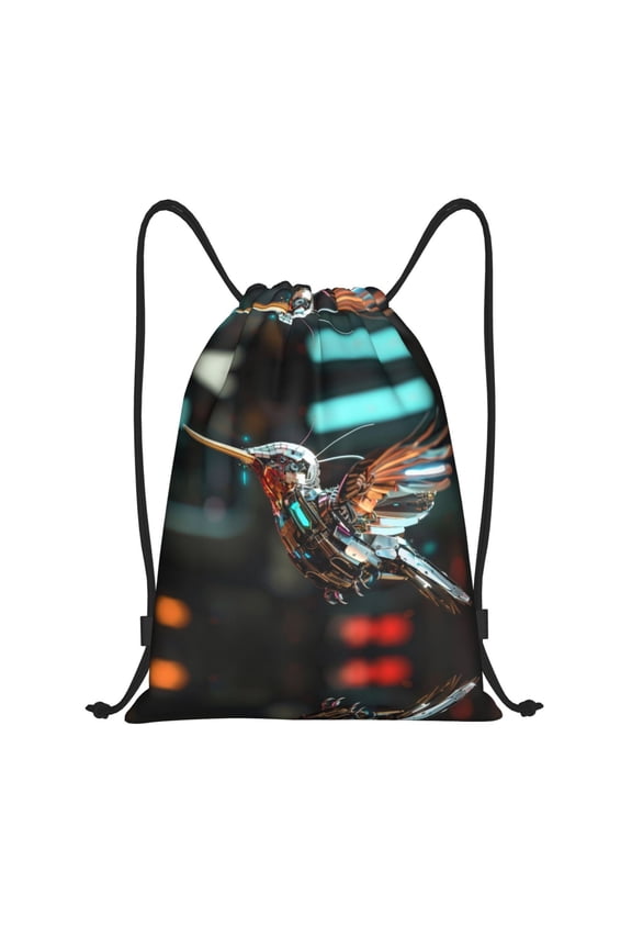 Drawstring Backpack - Futuristic Robot Hummingbird Splash Proof Small Drawstring Gym Bag for Women Men, Cinch Sports String Bag Backpack for Travel Swimming Beach