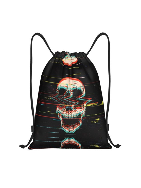 Drawstring Backpack - Glitch Screaming Skull Splash Proof Small Drawstring Gym Bag for Women Men, Cinch Sports String Bag Backpack for Travel Swimming Beach