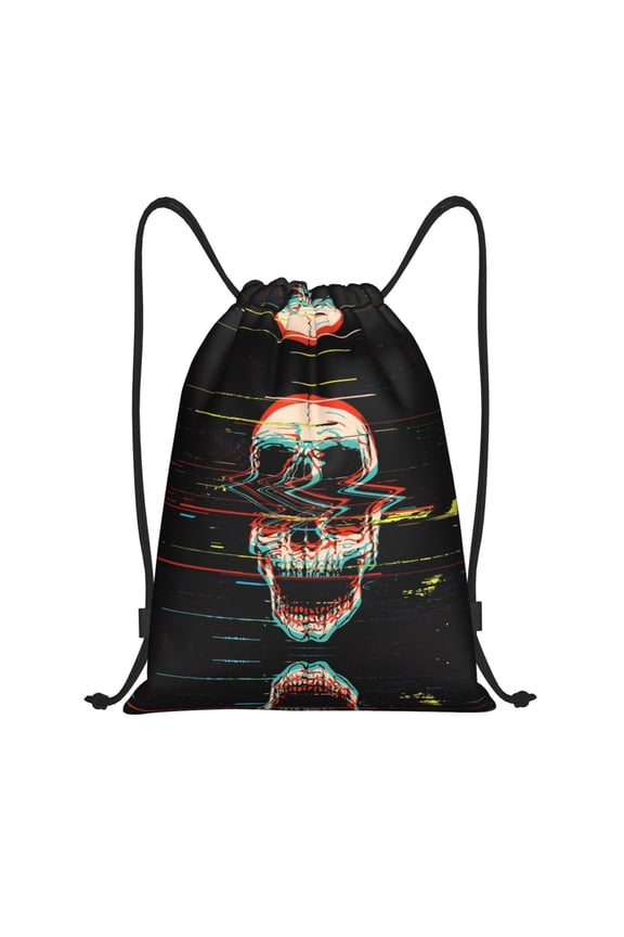 Drawstring Backpack - Glitch Screaming Skull Splash Proof Small Drawstring Gym Bag for Women Men, Cinch Sports String Bag Backpack for Travel Swimming Beach
