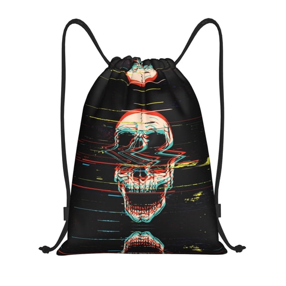 Drawstring Backpack - Glitch Screaming Skull Splash Proof Small Drawstring Gym Bag for Women Men, Cinch Sports String Bag Backpack for Travel Swimming Beach