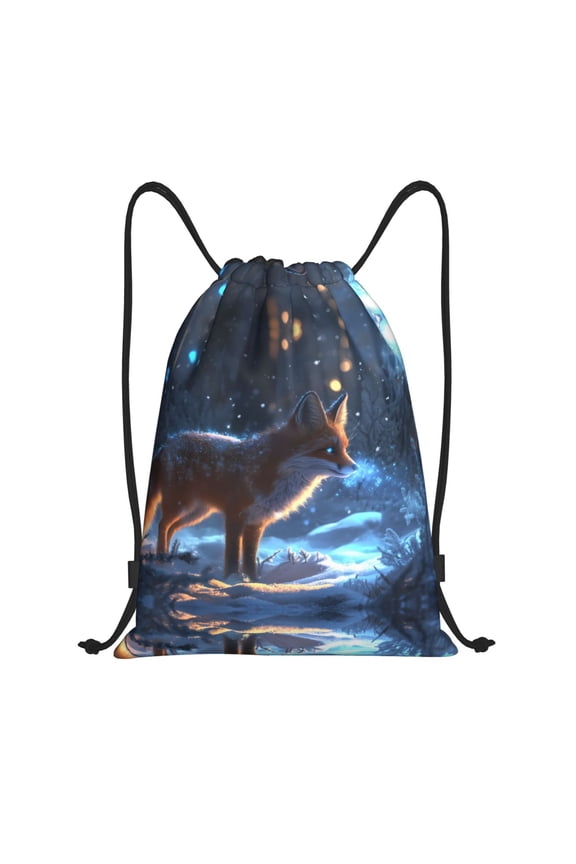 Drawstring Backpack - Glowing Winter Arctic Fox a Splash Proof Small Drawstring Gym Bag for Women Men, Cinch Sports String Bag Backpack for Travel Swimming Beach