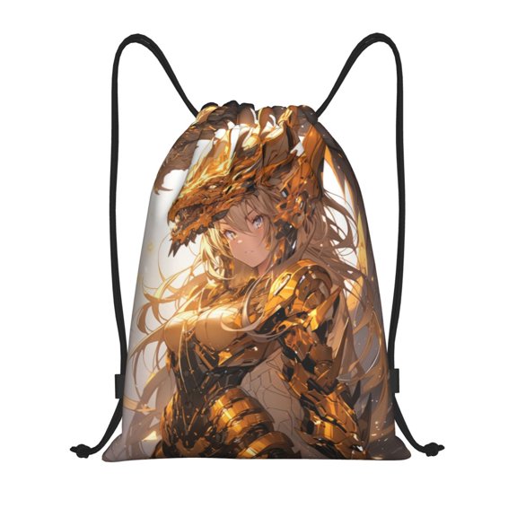 Drawstring Backpack - Golden Armor Dragon Princess Splash Proof Small Drawstring Gym Bag for Women Men, Cinch Sports String Bag Backpack for Travel Swimming Beach