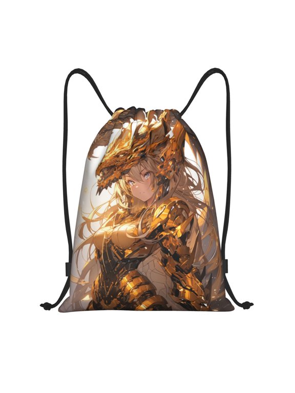 Drawstring Backpack - Golden Armor Dragon Princess Splash Proof Small Drawstring Gym Bag for Women Men, Cinch Sports String Bag Backpack for Travel Swimming Beach