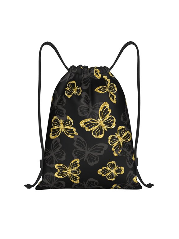 Drawstring Backpack - Golden Glitter Butterflies Splash Proof Small Drawstring Gym Bag for Women Men, Cinch Sports String Bag Backpack for Travel Swimming Beach
