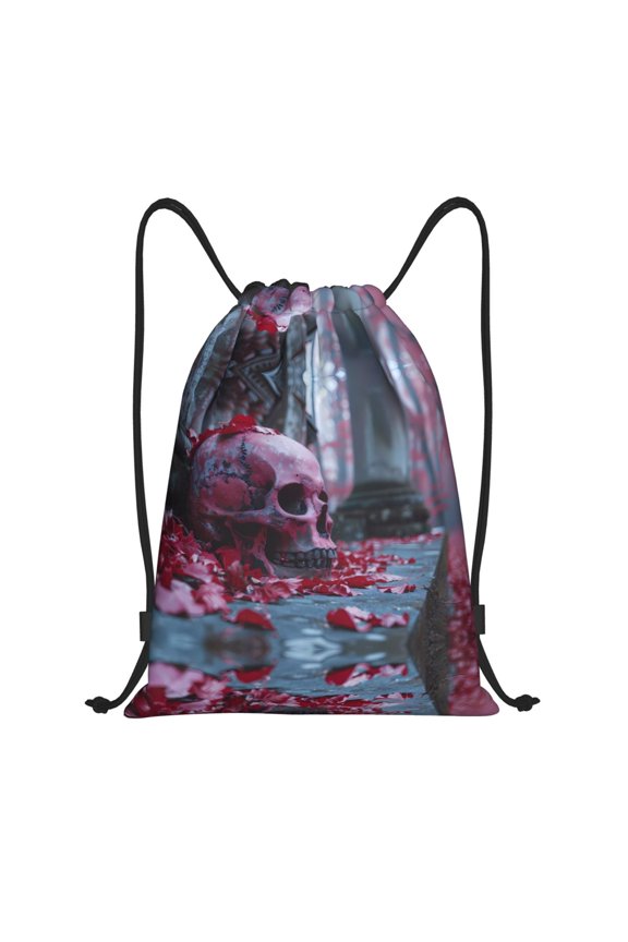 Drawstring Backpack - Gothic Red Skull Cemetery Splash Proof Small Drawstring Gym Bag for Women Men, Cinch Sports String Bag Backpack for Travel Swimming Beach