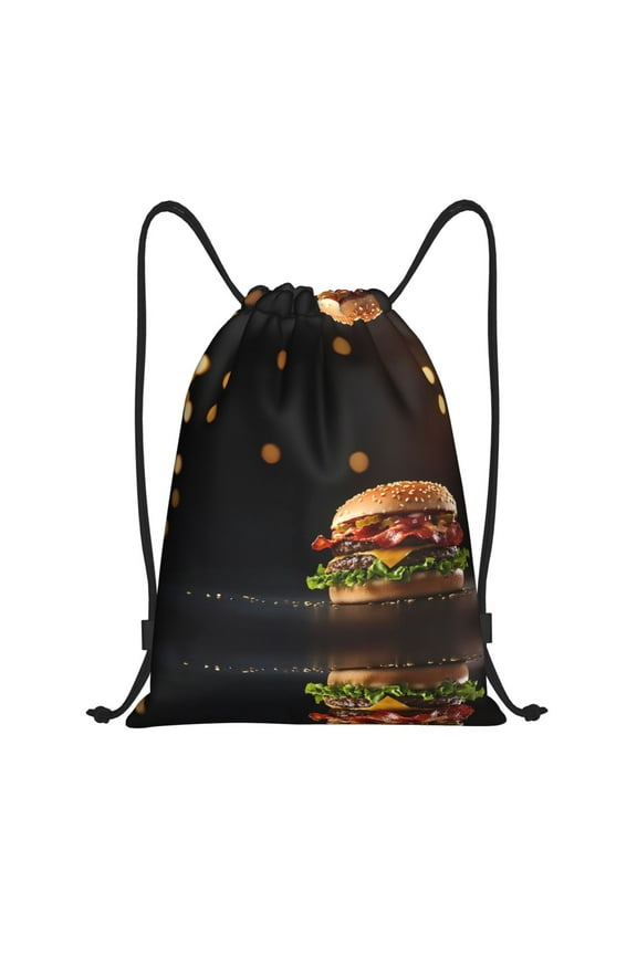 Drawstring Backpack - Gourmet Bacon Cheeseburger Splash Proof Small Drawstring Gym Bag for Women Men, Cinch Sports String Bag Backpack for Travel Swimming Beach