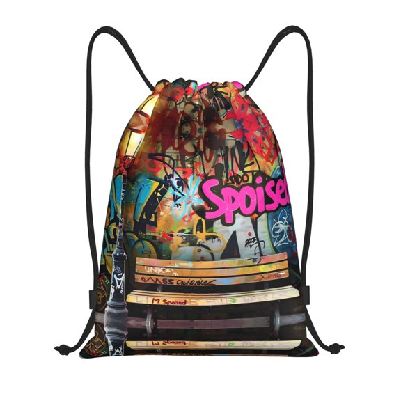 Drawstring Backpack - Graffiti Lamp Urban Scene Splash Proof Small Drawstring Gym Bag for Women Men, Cinch Sports String Bag Backpack for Travel Swimming Beach