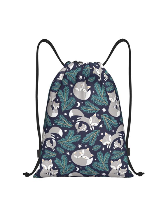 Drawstring Backpack - Gray Fox Green Leaf Splash Proof Small Drawstring Gym Bag for Women Men, Cinch Sports String Bag Backpack for Travel Swimming Beach