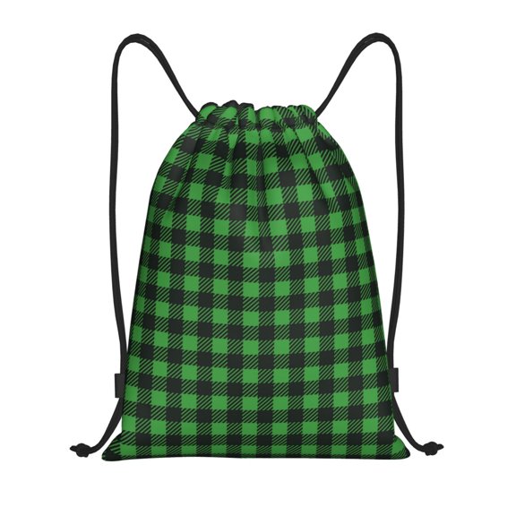 Drawstring Backpack - Green Gingham Buffalo Plaid Splash Proof Small Drawstring Gym Bag for Women Men, Cinch Sports String Bag Backpack for Travel Swimming Beach