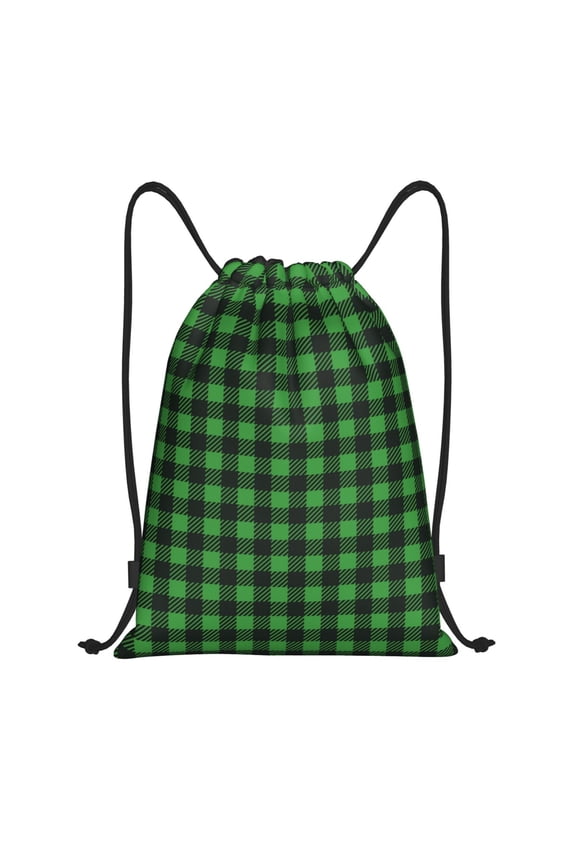 Drawstring Backpack - Green Gingham Buffalo Plaid Splash Proof Small Drawstring Gym Bag for Women Men, Cinch Sports String Bag Backpack for Travel Swimming Beach
