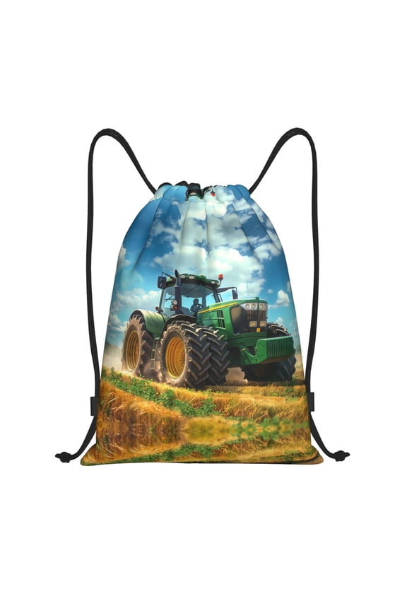 Drawstring Backpack - Green Tractor Field Splash Proof Small Drawstring Gym Bag for Women Men, Cinch Sports String Bag Backpack for Travel Swimming Beach