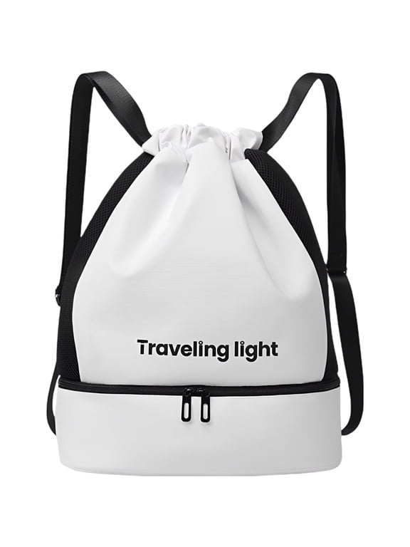 Drawstring Backpack Gym Bag with Shoes Compartment, Water-Resistant Swim Bag with Dry Wet Departed Pocket for Women Men, Large Cinch Sack for Sports Beach Soccer Basketball, White and Black