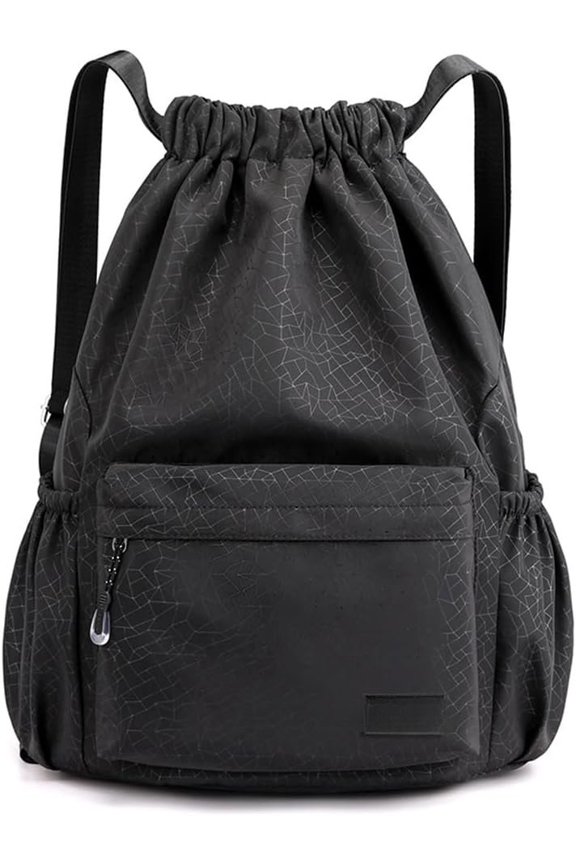 Drawstring Backpack Gym Bag Water Resistant String Bag Cinch Sackpack with Side Zipper Pocket for Shopping Yoga -black