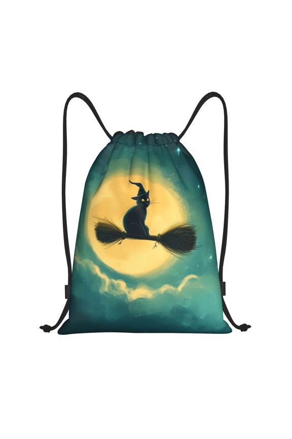 Drawstring Backpack - Halloween Black Cat Witch Splash Proof Small Drawstring Gym Bag for Women Men, Cinch Sports String Bag Backpack for Travel Swimming Beach