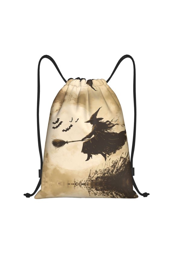 Drawstring Backpack - Halloween Broomstick Witch Flying Splash Proof Small Drawstring Gym Bag for Women Men, Cinch Sports String Bag Backpack for Travel Swimming Beach