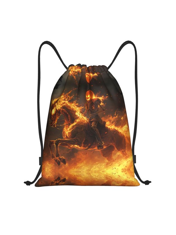 Drawstring Backpack - Halloween Flame Pumpkin Skeleton Knight Splash Proof Small Drawstring Gym Bag for Women Men, Cinch Sports String Bag Backpack for Travel Swimming Beach