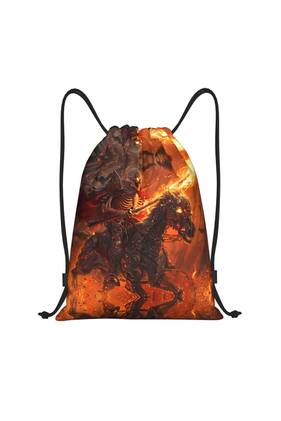Drawstring Backpack - Halloween Flame Skeleton Knight Splash Proof Small Drawstring Gym Bag for Women Men, Cinch Sports String Bag Backpack for Travel Swimming Beach