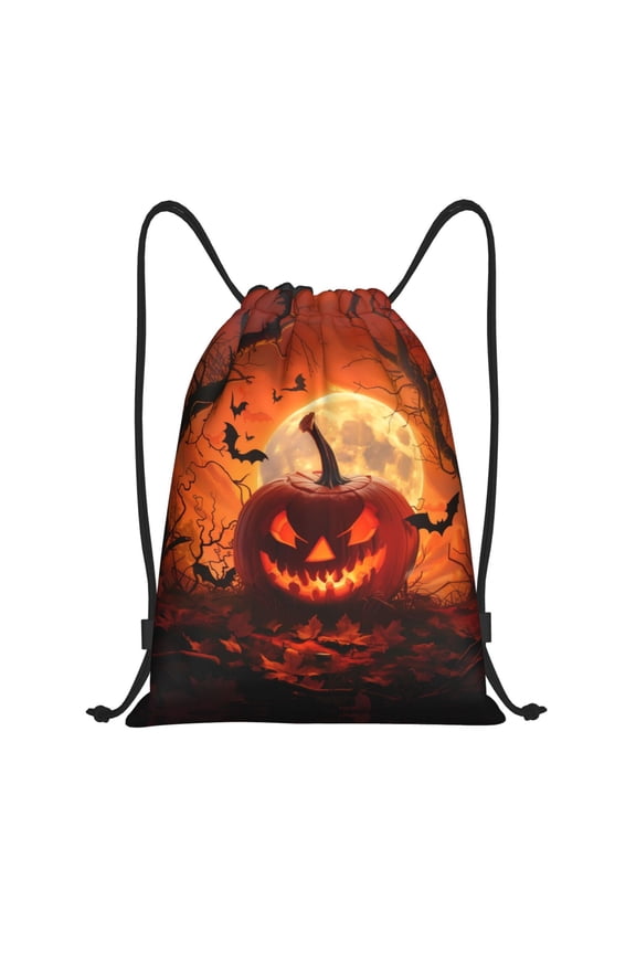 Drawstring Backpack - Halloween Full Moon Pumpkin Bat Z Splash Proof Small Drawstring Gym Bag for Women Men, Cinch Sports String Bag Backpack for Travel Swimming Beach