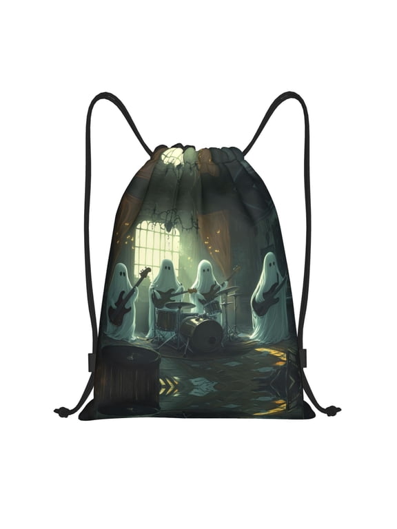 Drawstring Backpack - Halloween Ghost Guitar Band Splash Proof Small Drawstring Gym Bag for Women Men, Cinch Sports String Bag Backpack for Travel Swimming Beach
